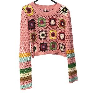 Dreamers by Debut Pink Crochet Granny Square Sweater Cropped Boho Long Sleeve S